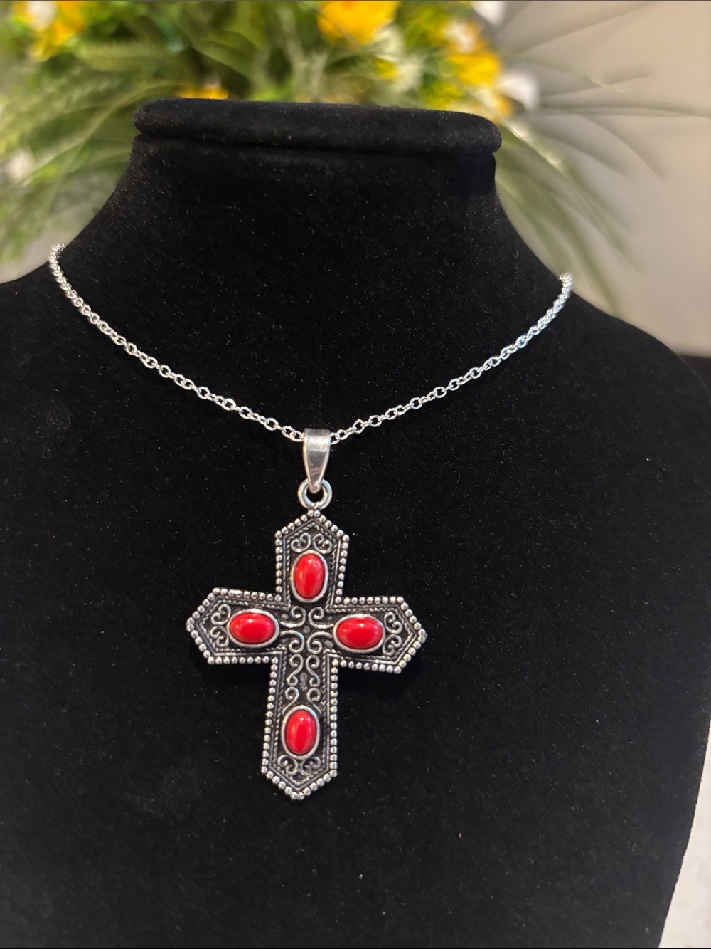 Silver Cross Red Coral Gemstone Pendant Necklace